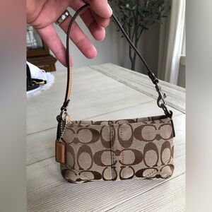 Coach Signature Logo Mini Wristlet brown monogram canvas leather trim & hangtag